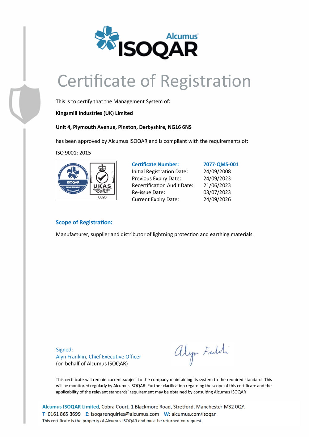 Isoqar Certification - Kingsmill Industries